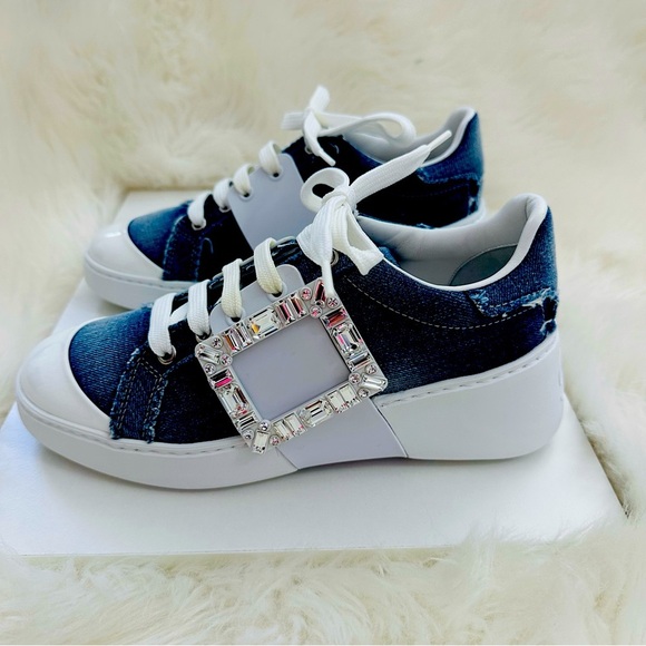 NEW! Roger Vivier Viv Crystal Buckle Skate Platform Sneakers Denim  37.5 7.5 - Picture 1 of 10